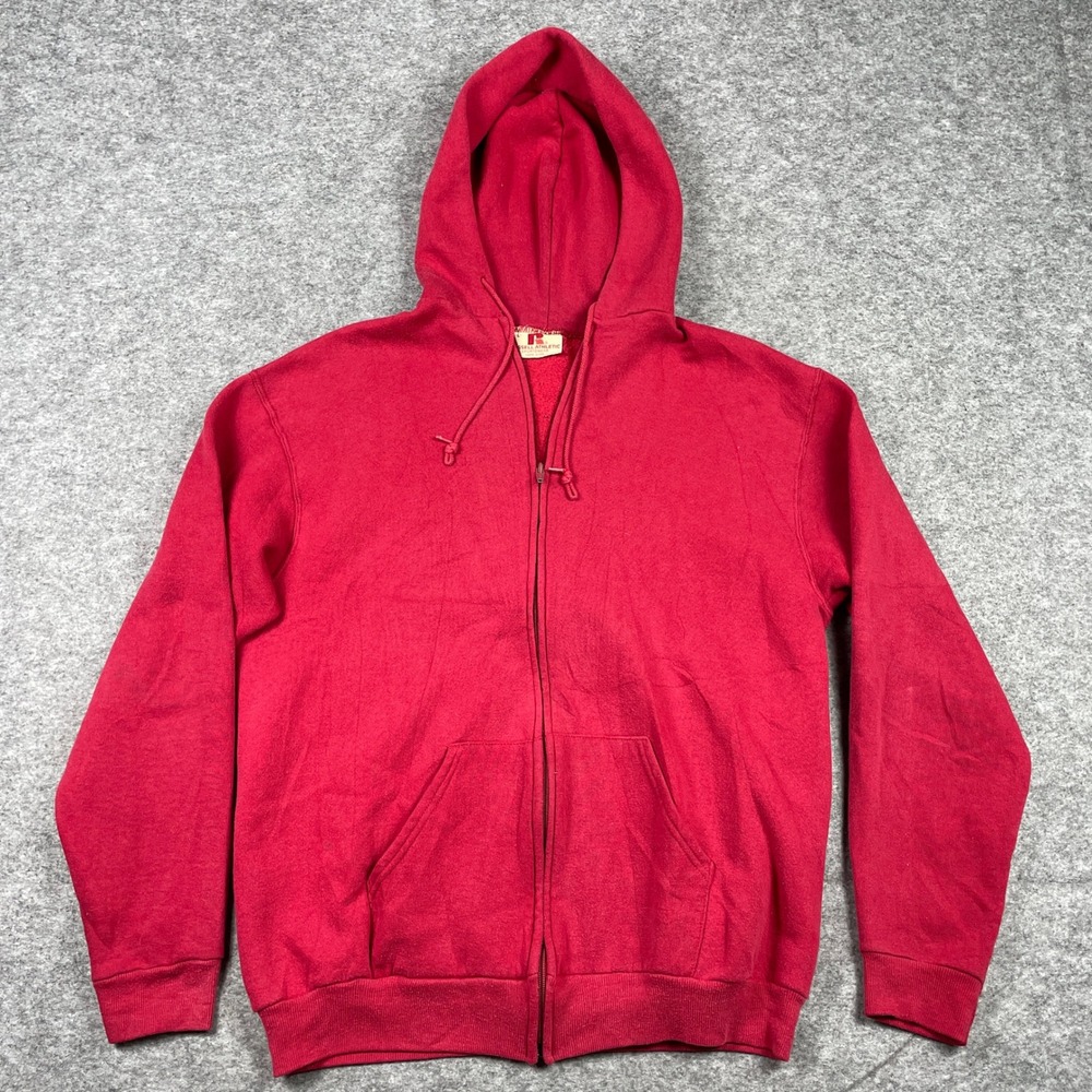 Vintage 80s Russell Athletic Hoodie Mens L Red Full Zip Sportswear Fleece Jacket